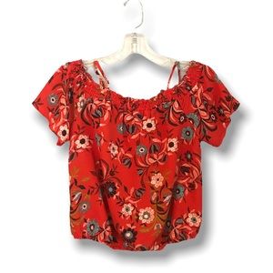 Red Floral Print Cold Shoulder Top
